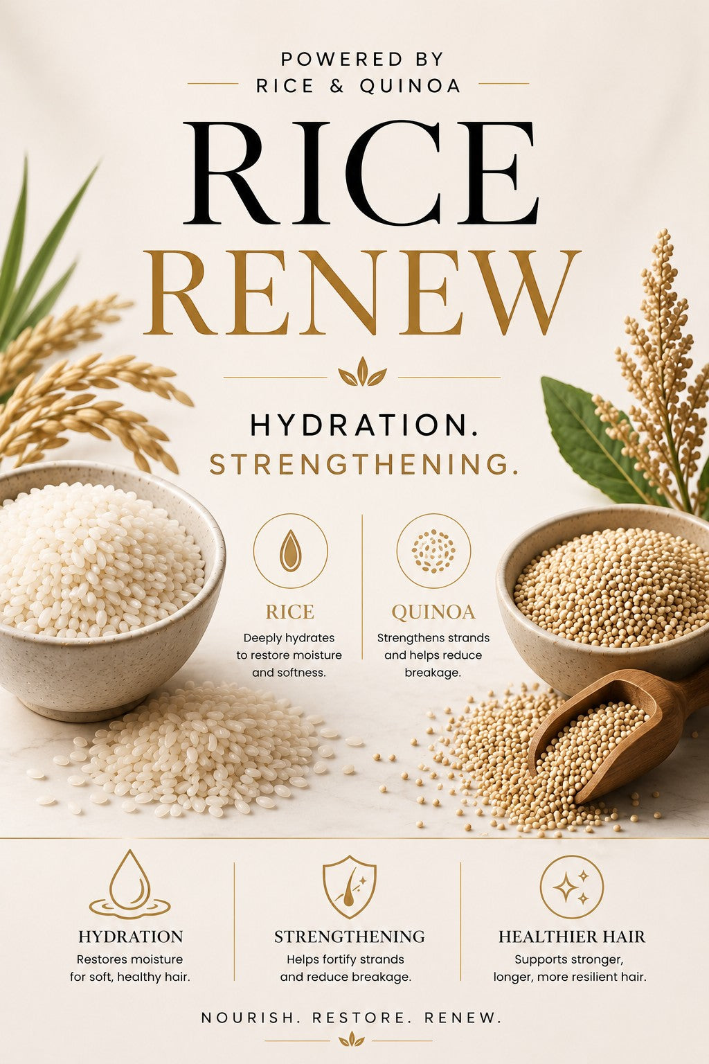 5681 Hair Collection RiceRenew leave-in spray infographic featuring rice and quinoa grains for hair strengthening