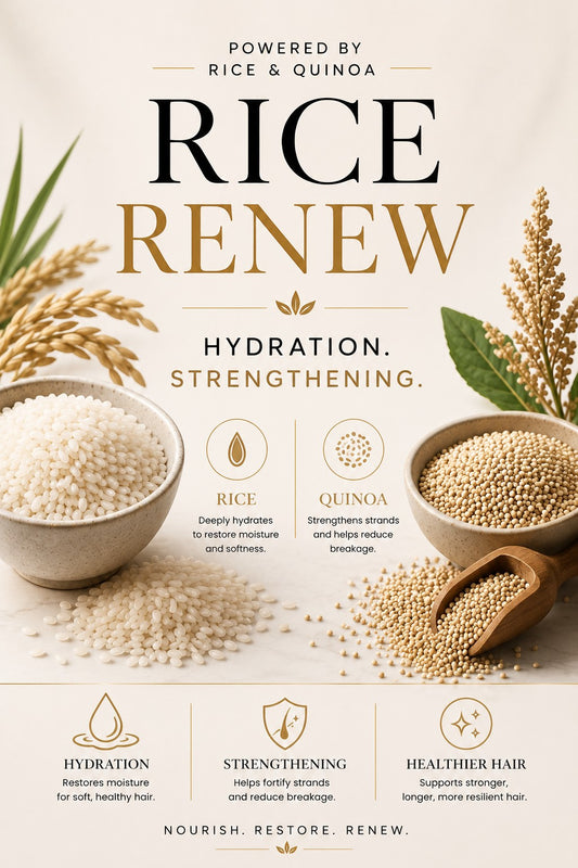 5681 Hair Collection RiceRenew leave-in spray infographic featuring rice and quinoa grains for hair strengthening
