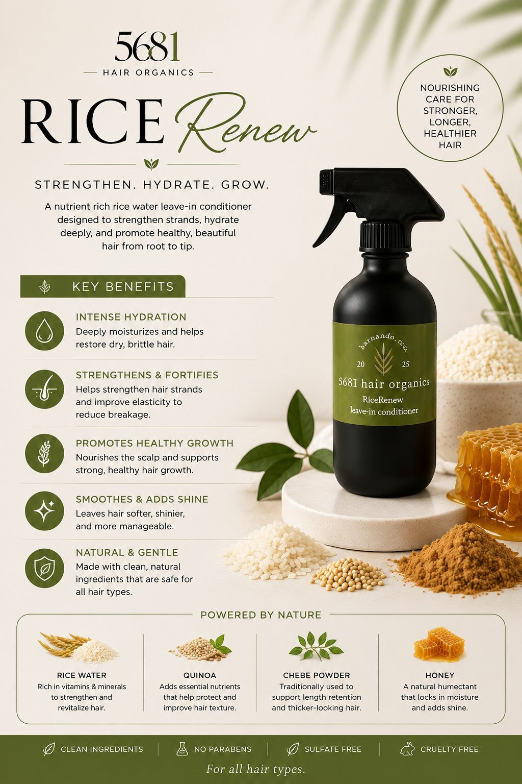 5681 Hair Collection RiceRenew leave-in conditioner spray bottle with rice, honey, and quinoa ingredients.